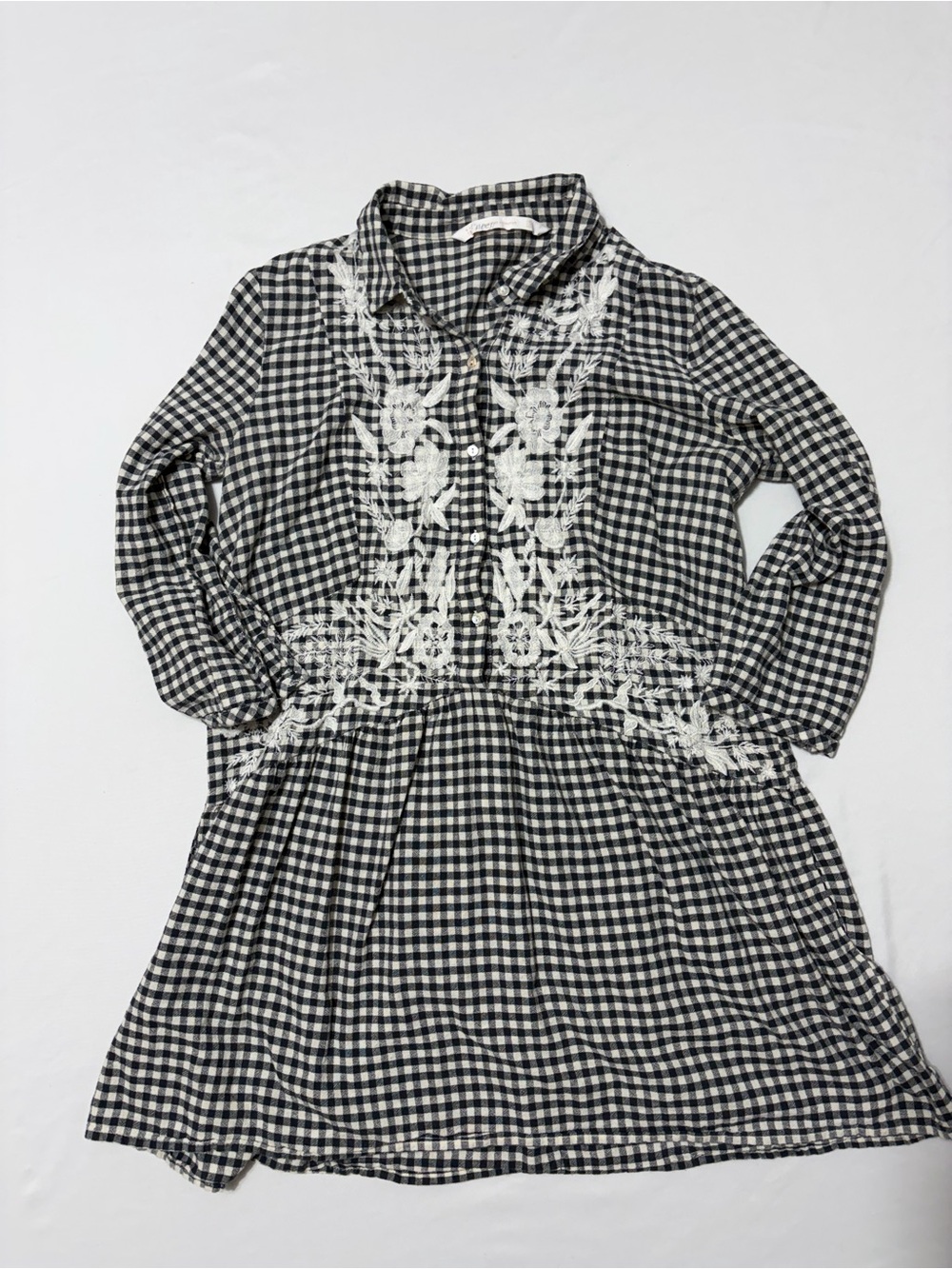 ZARA Black White Gingham Floral Embroidered Tunic Dress L Cottagecore Prairie